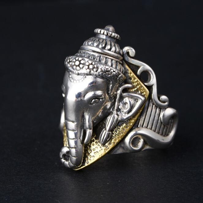 Retro Thai silver wide face meteorological nose god elephant men's ring