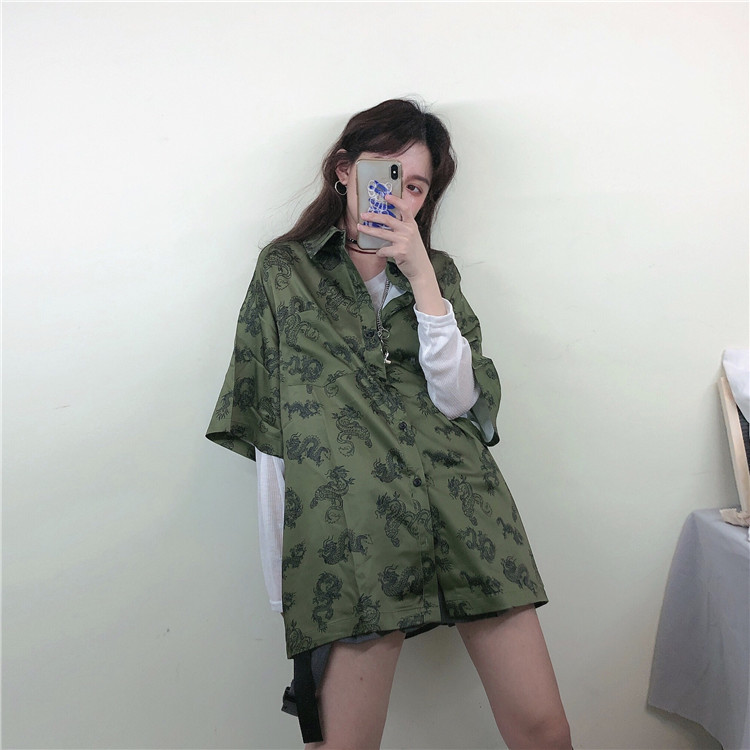 Retro mustard green shirt loose casual dragon short sleeve top