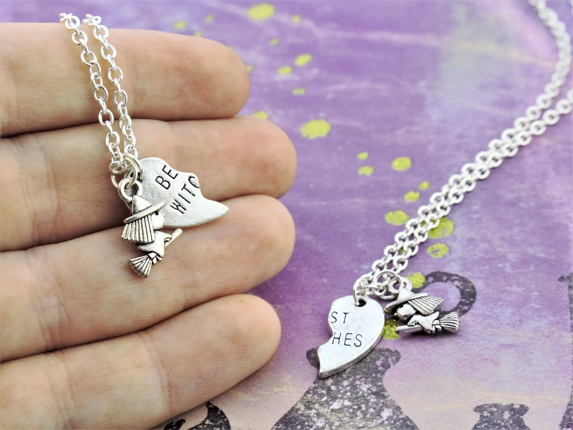 Witch Riding a Broom Heart-shaped Necklace