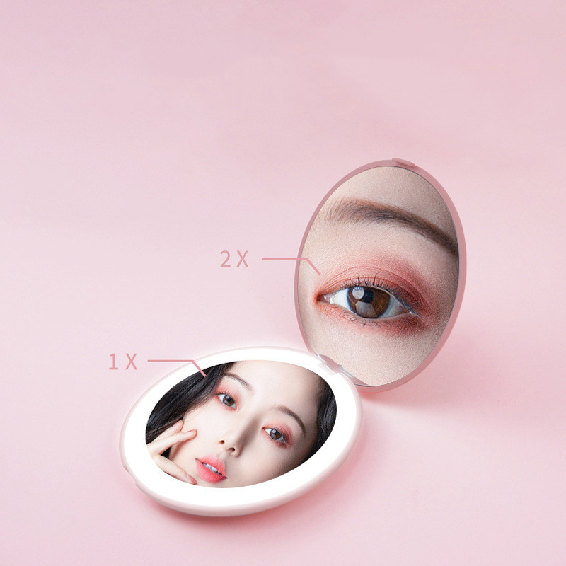 Specchio per il trucco mini LED con illuminazione, 2X Magnifying, USB, ricarica, sensore di luce, illuminazione, riflesso, vanità, illuminazione