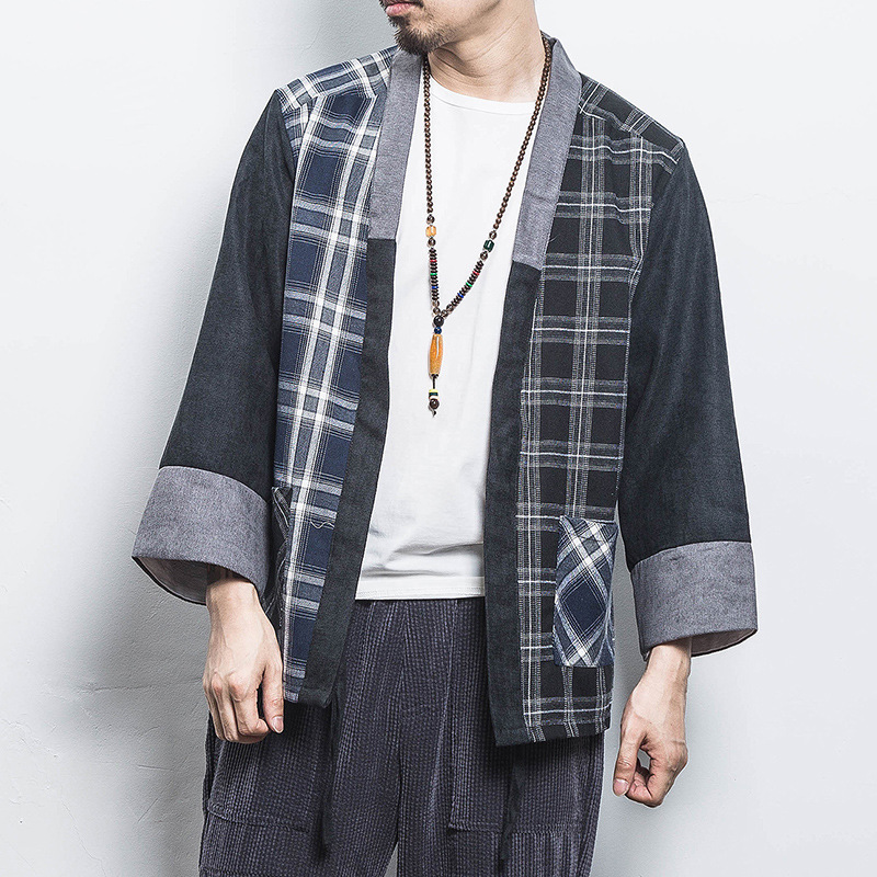 Chinese style kimono stitching plaid cardigan