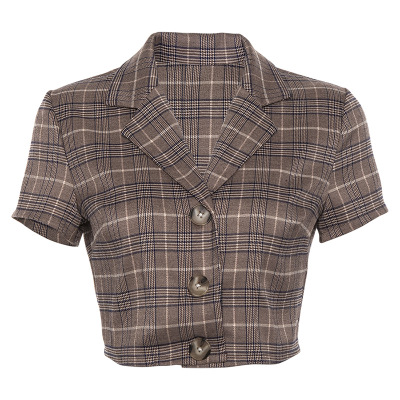 Checked lapel open-neck cardigan T-shirt