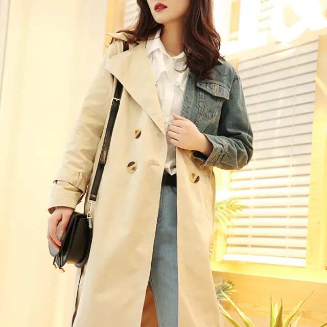 Lapel Long Sleeve Denim Stitching Loose Sashes Windbreaker Khaki - Shop at LoveMi