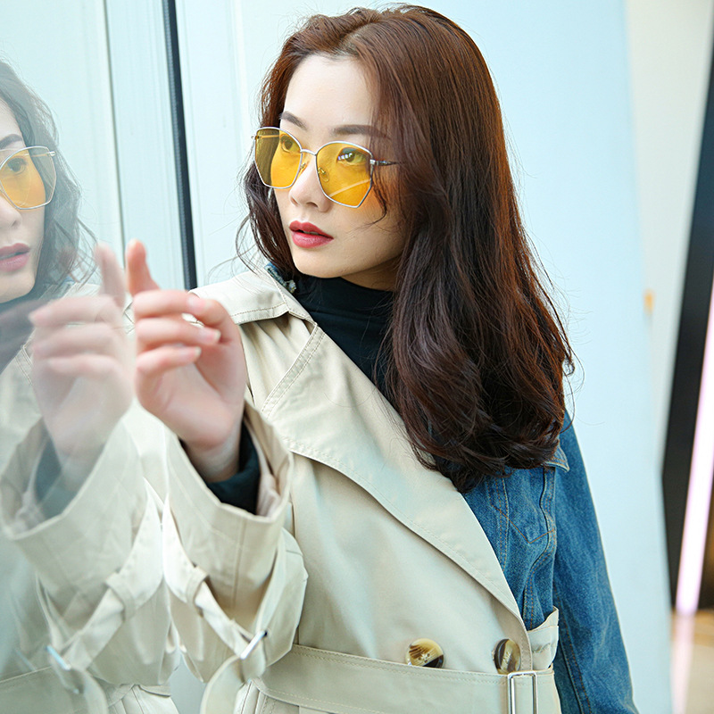 Lapel Long Sleeve Denim Stitching Loose Sashes Windbreaker