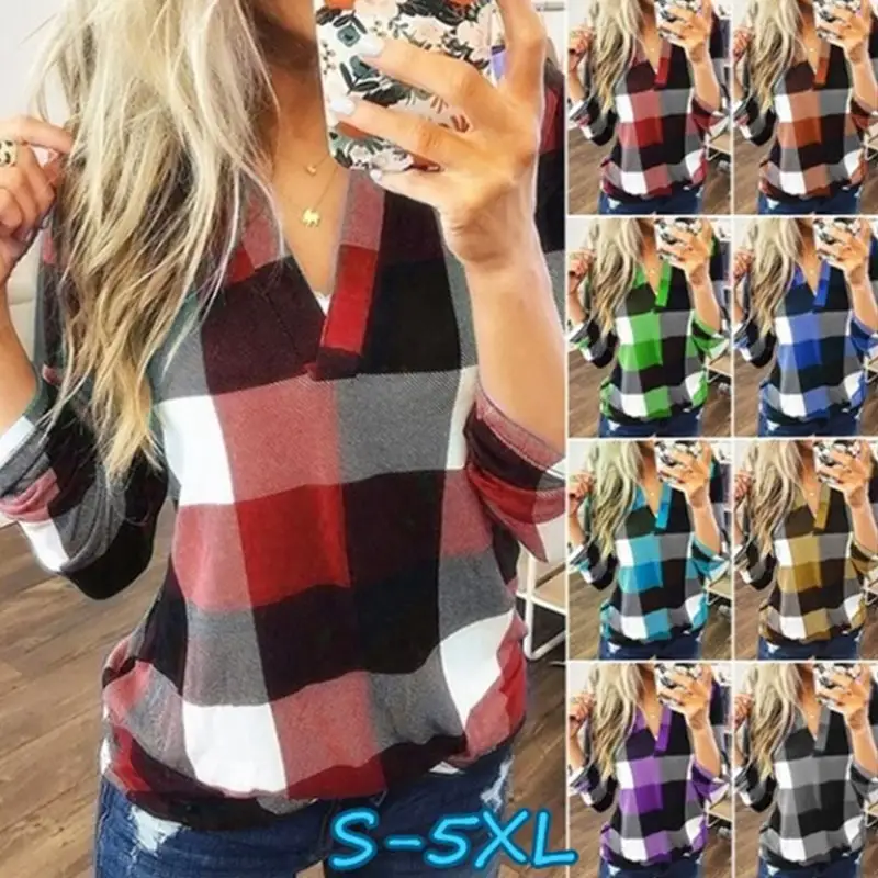 Plaid Printed V-Neck Long Sleeve T-Shirt
