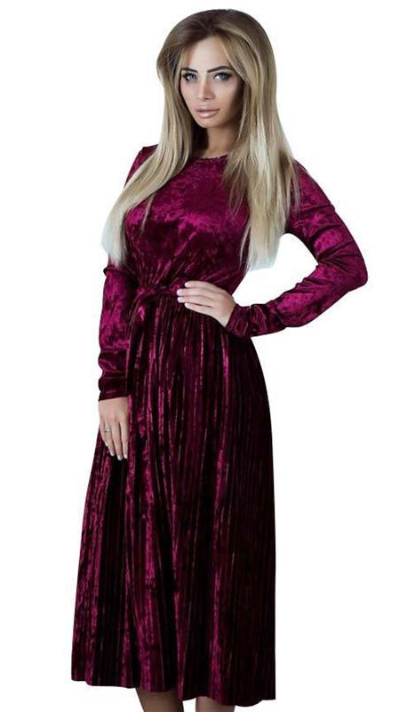Golden velvet solid color long pleated dress