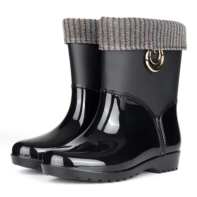 Rain boots women's drum plus cotton rain boots Black - Shop at LoveMi