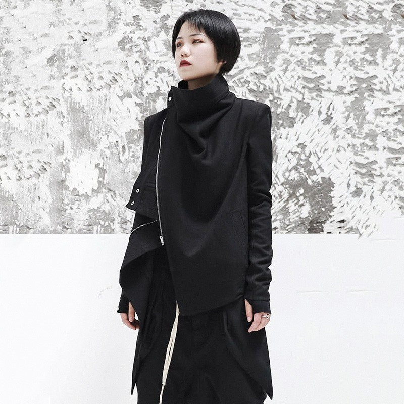 Turtleneck Long Sleeve Black Zip Irregular Coat