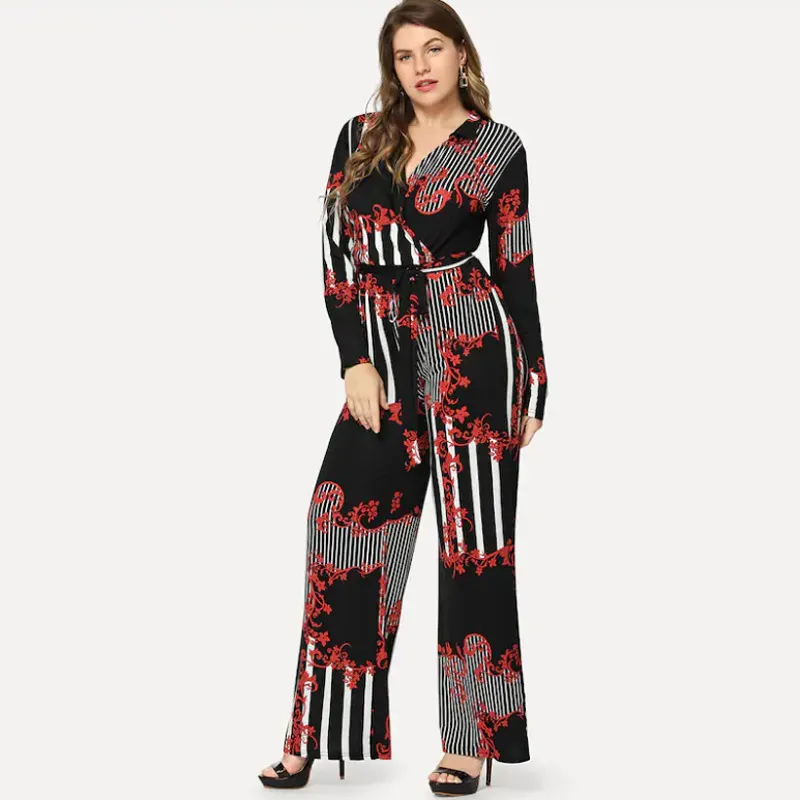 Women's printed trousers lace up jumpsuit - Red
