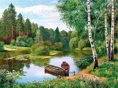 The boats on the lake | Diamond landscape embroidery - No Frame - View 1