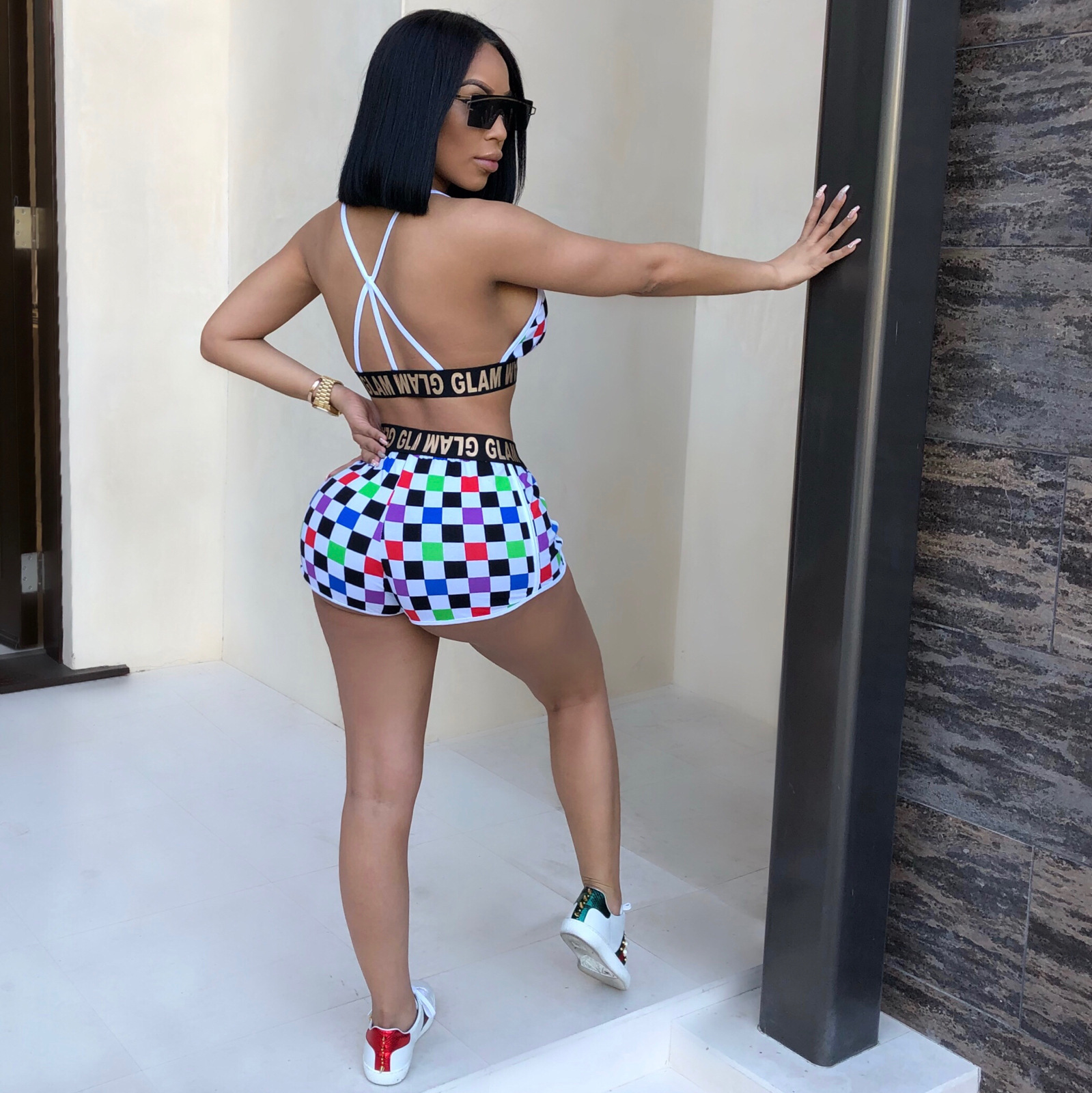 Wrap chest plaid print sling set