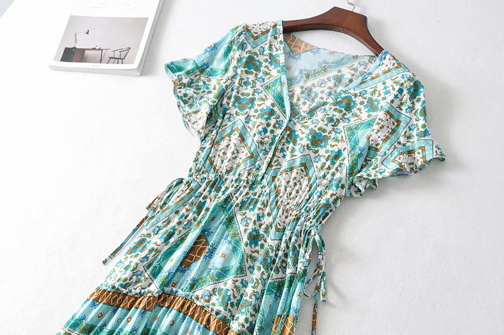 V-neck belted print dress