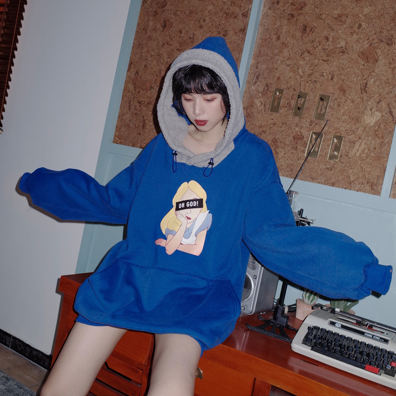 Cartoon printed hooded plus fleece sweater