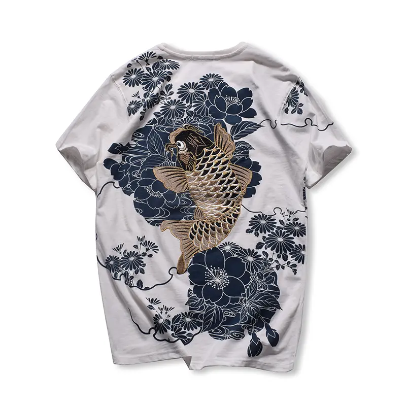 Embroidered sakura carp diving short sleeves