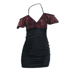 Short-sleeved overalls with short breast dress - Red Wine - View 1