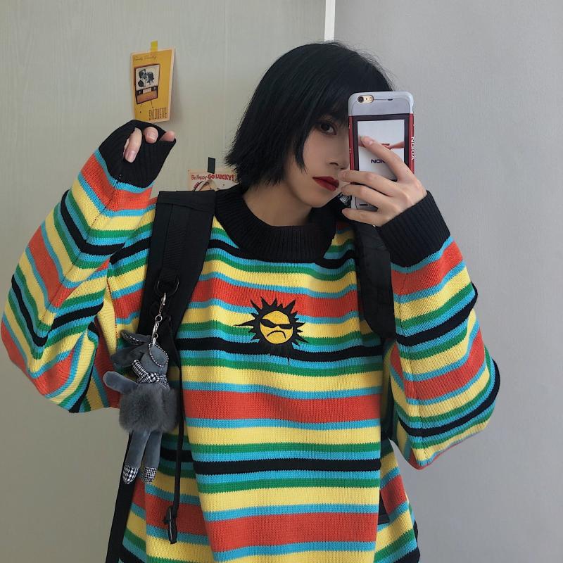 South Korea ins primitive wind color matching loose Joker Turtlehead Rainbow stripes