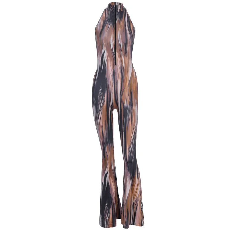 Fashion halter print jumpsuit - Brown