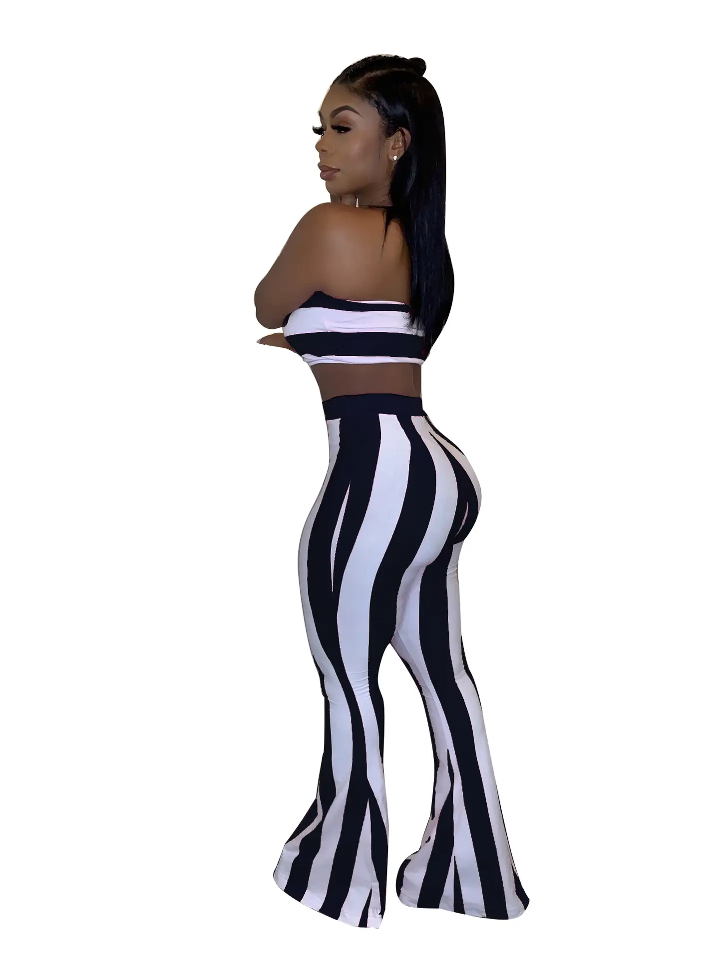 Chest wrap + bell-bottom striped suit