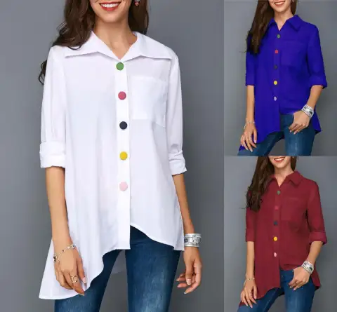 Women White Shirt Colorful Button Simple Tops