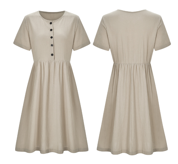 Solid color short sleeve cotton linen dress