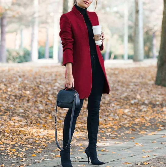 Long Wool Coat Warm Elegant Winter Coat Female Plus Size - Red