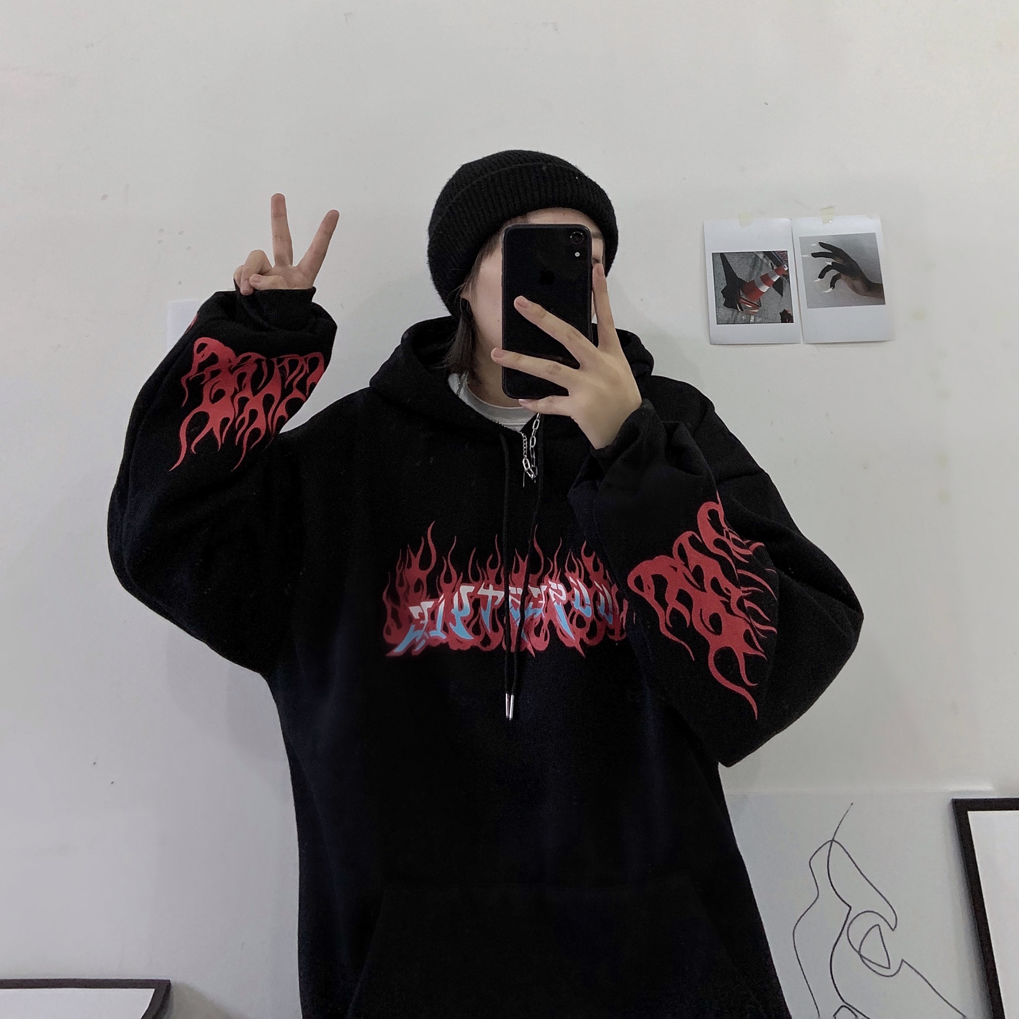 Autumn Fashion Cute Flaming Fire Print Hoodie Woman