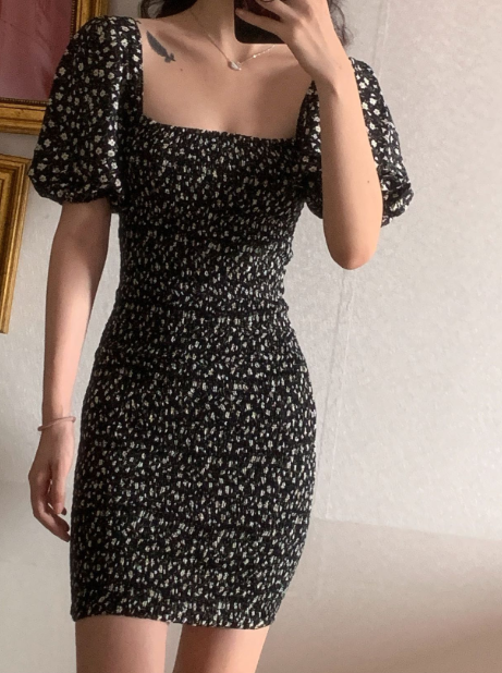 French vintage dress with floral puffed sleeves and ruffled hips