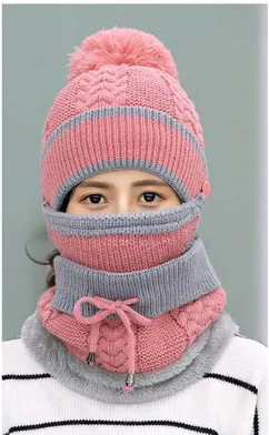 Wool Plus Velvet Warm Hat Hat Collar Headgear Pink - Shop at LoveMi