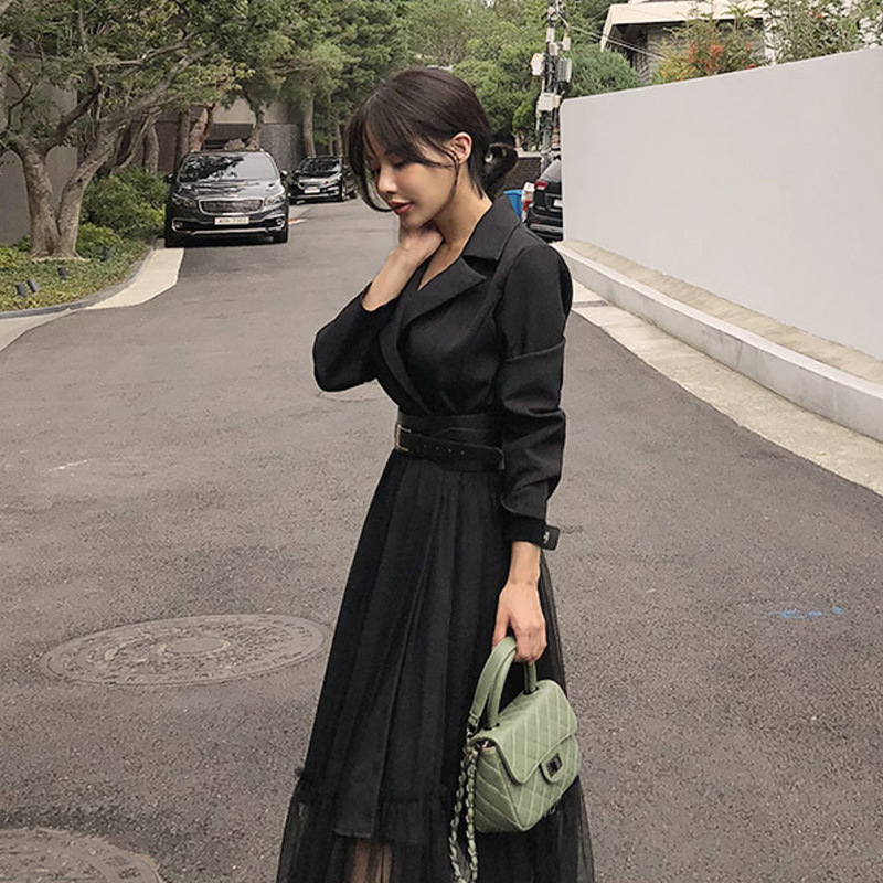 Women's suit collar mesh dress