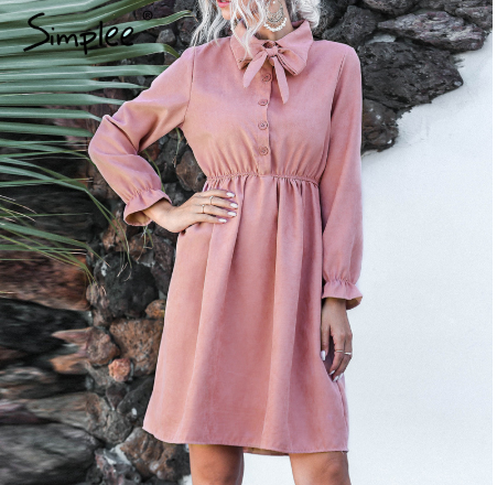 Corduroy bow-neck ruffled frill dress