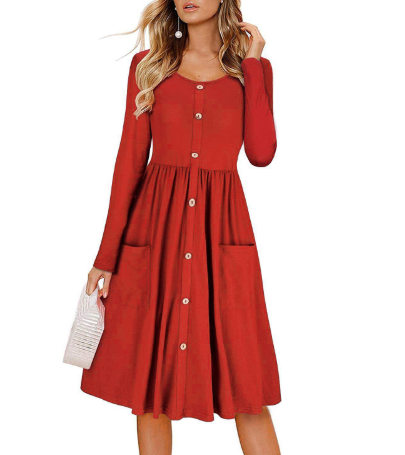 Solid Color Round Neck Long Sleeve Pocket Waist Button Dress