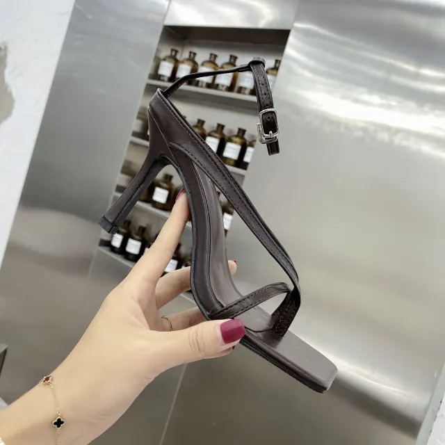 Square head toe sandals female sense stiletto heels Brown - Shop at LoveMi