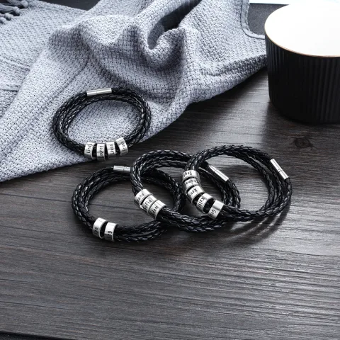 Personalized Mens Braided Genuine Leather Bracelet Stainless Steel Custom