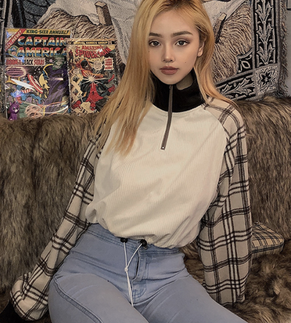 Vintage short hoodie girl bf loose plaid matching color with narrow lapel tops