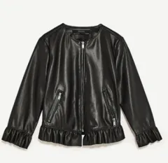 Ruffle cropped round-neck leather jacket - Black - View 1