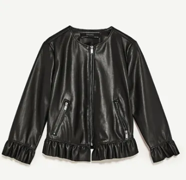 Ruffle cropped round neck leather jacket Black - Shop at LoveMi