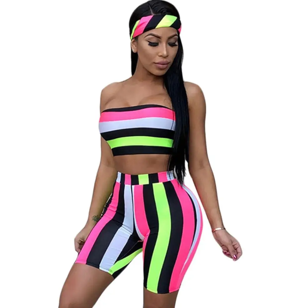 Striped headband tube top three-piece suit