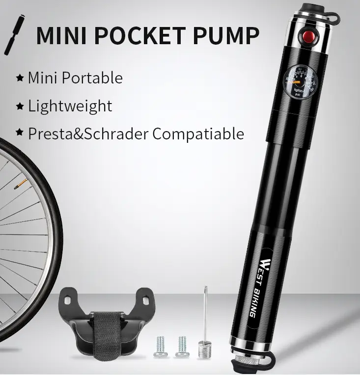 Bicycle Hand Pump with Pressure Gauge and Mounting Bracket