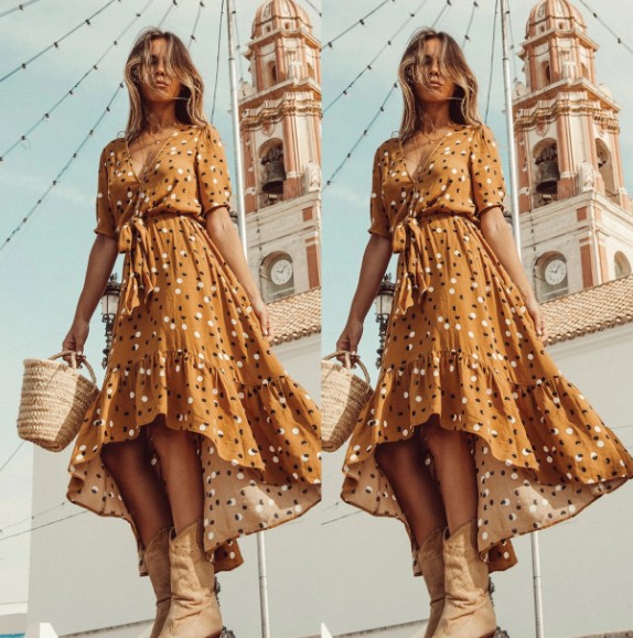 Sweet fashion dot print irregular long dress