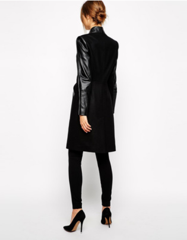 Star's new style Patchwork Leather Medium and long slim woolen overcoat and woolen coat girl