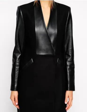 Star's new style Patchwork Leather Medium and long slim woolen overcoat and woolen coat girl