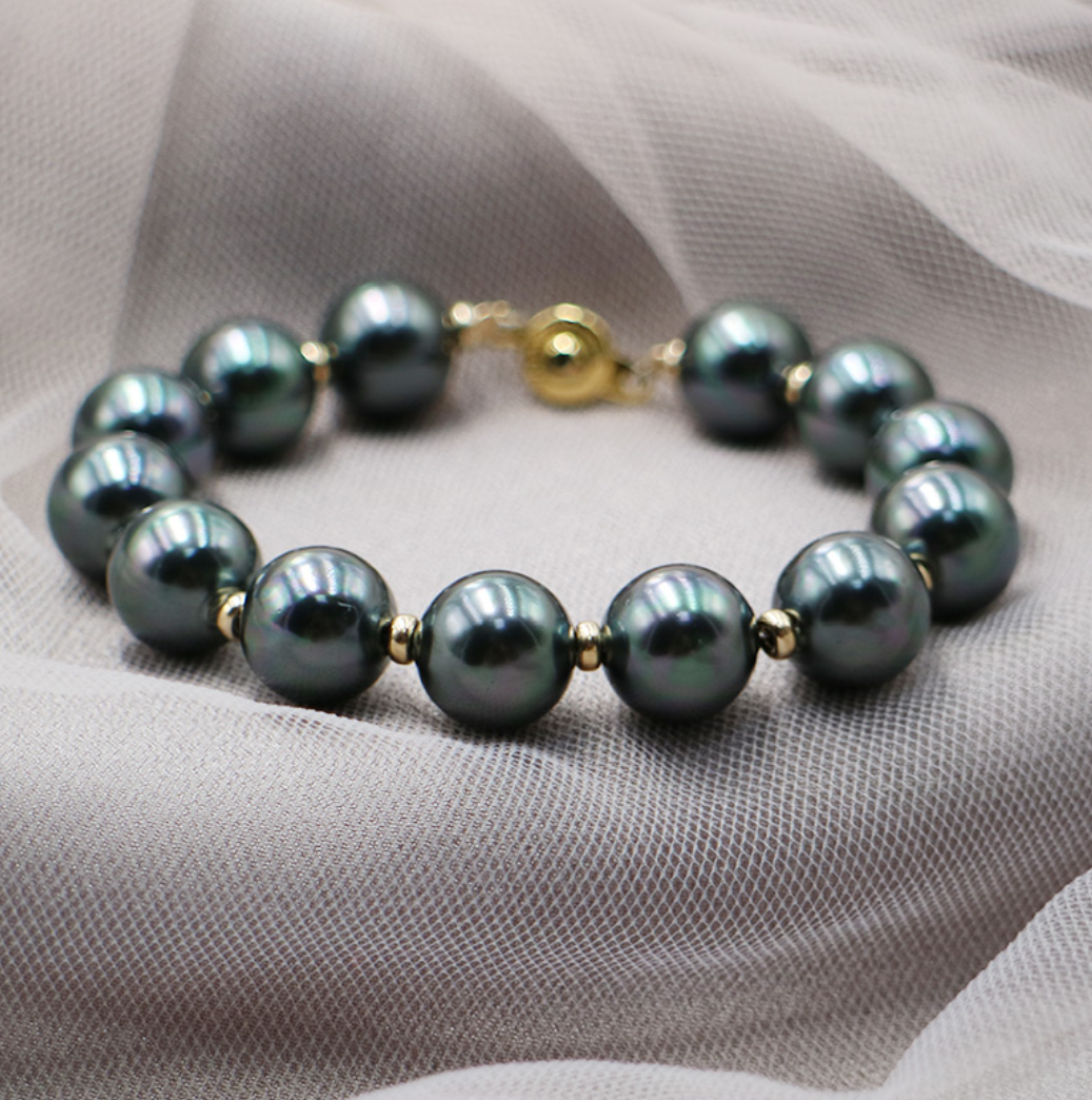 Peacock Green Black Pearl Bead Coated Bracelet