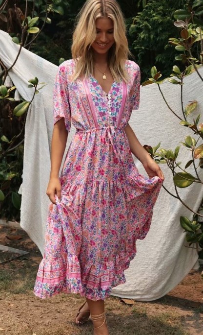 Women's V-Neck long pink print dress