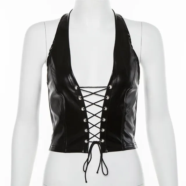 Hollow out crop PU small vest female Black - Shop at LoveMi