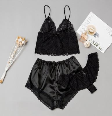 Satin Lingerie Lace Shorts Set Black - Shop at LoveMi