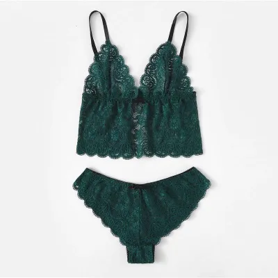 Satin Lingerie Lace Shorts Set - Green