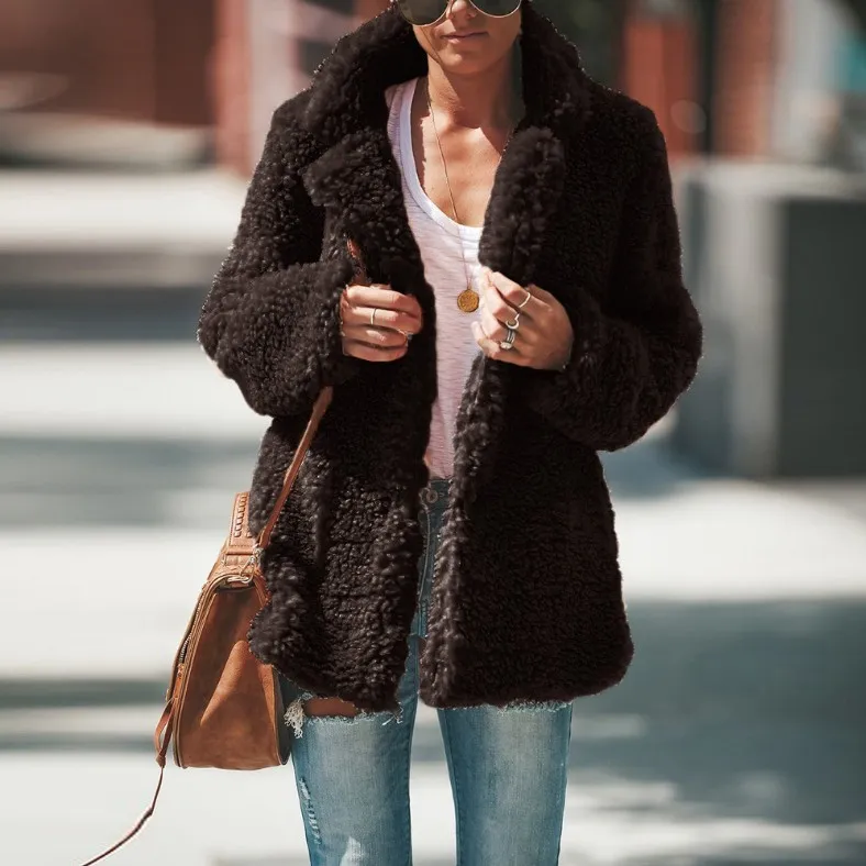 Lapel Long Sleeve Fluffy Furry Faux Fur Jackets Woman Overcoat - Coffee
