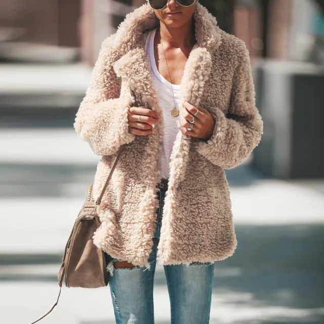 Lapel Long Sleeve Fluffy Furry Faux Fur Jackets Woman Overcoat Apricot - Shop at LoveMi