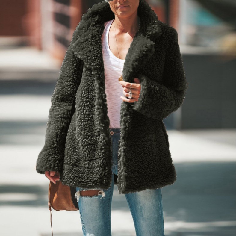 Lapel Long Sleeve Fluffy Furry Faux Fur Jackets Woman Overcoat Dark Green - Shop at LoveMi