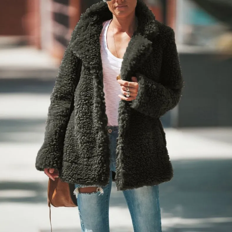 Lapel Long Sleeve Fluffy Furry Faux Fur Jackets Woman Overcoat - Dark Green